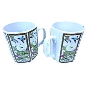 Set of 2 Andrea By Sadek Octagon Porcelain Cups Mugs Japan Floral Birds Pattern